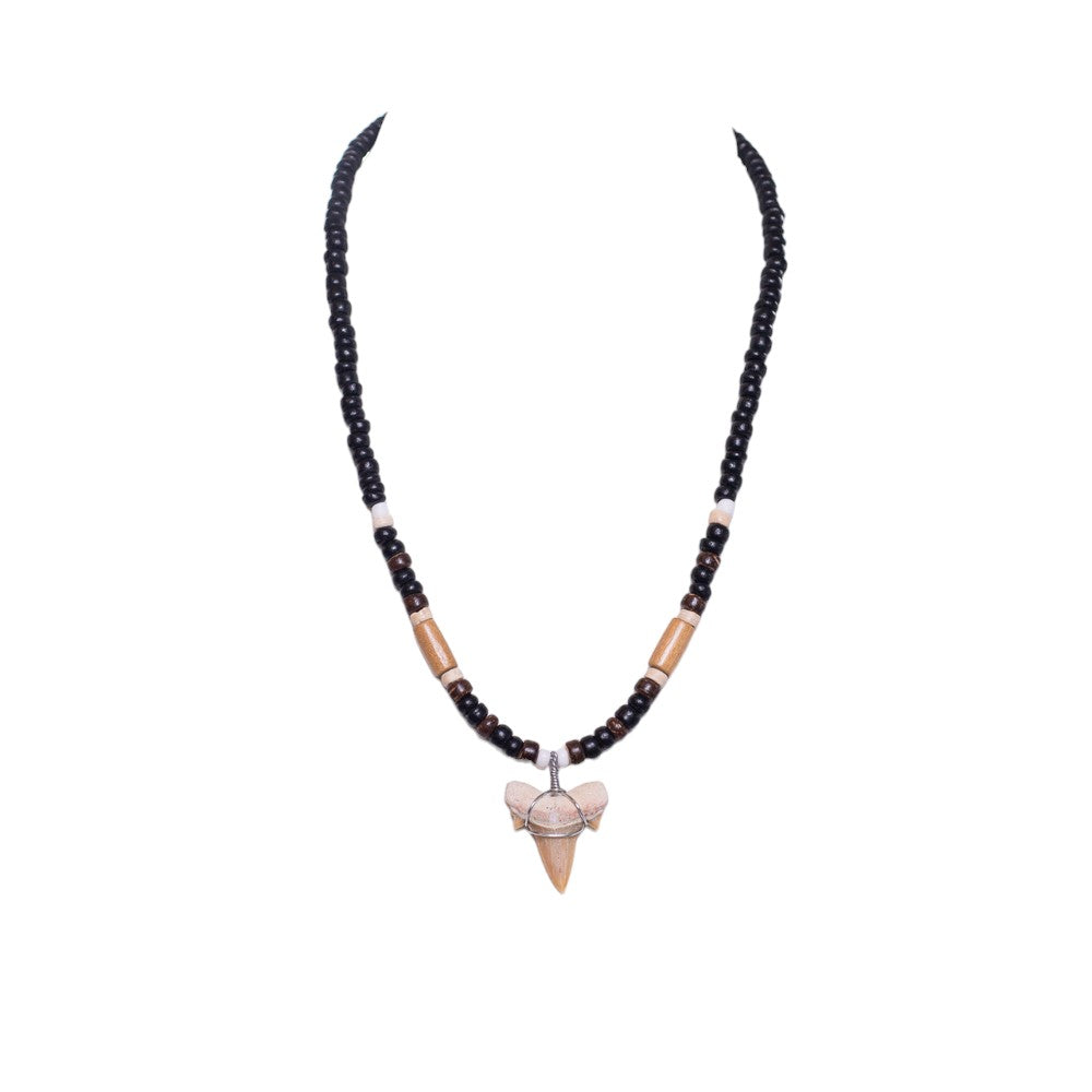 Fossil Shark Tooth on Black Coconut Shell Beads Necklace (18" 2S)