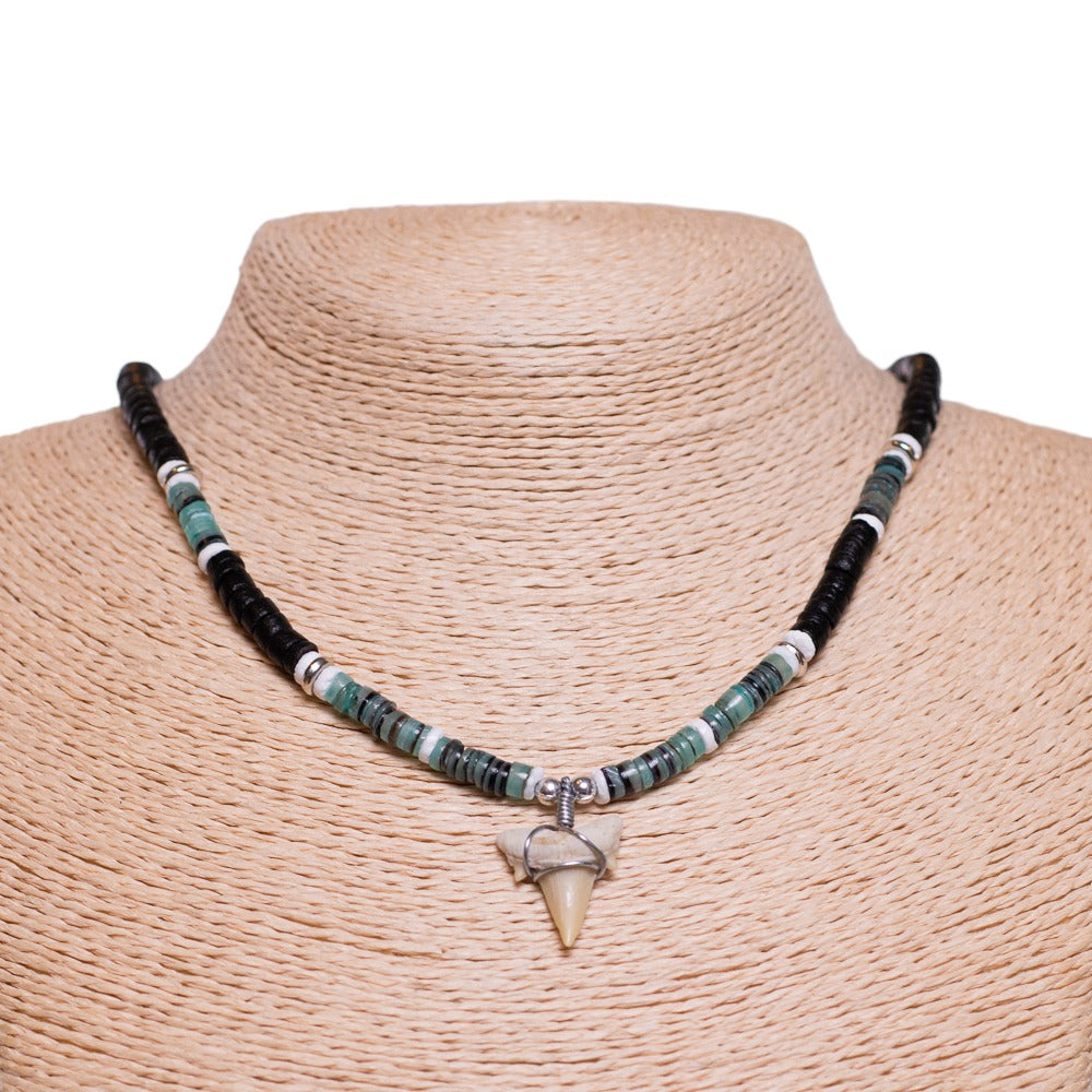 Fossil Shark Tooth on Black Coconut & Green Shell Beads Necklace (18" 1S)