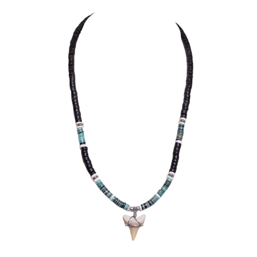 Fossil Shark Tooth on Black Coconut & Green Shell Beads Necklace (18" 1S)