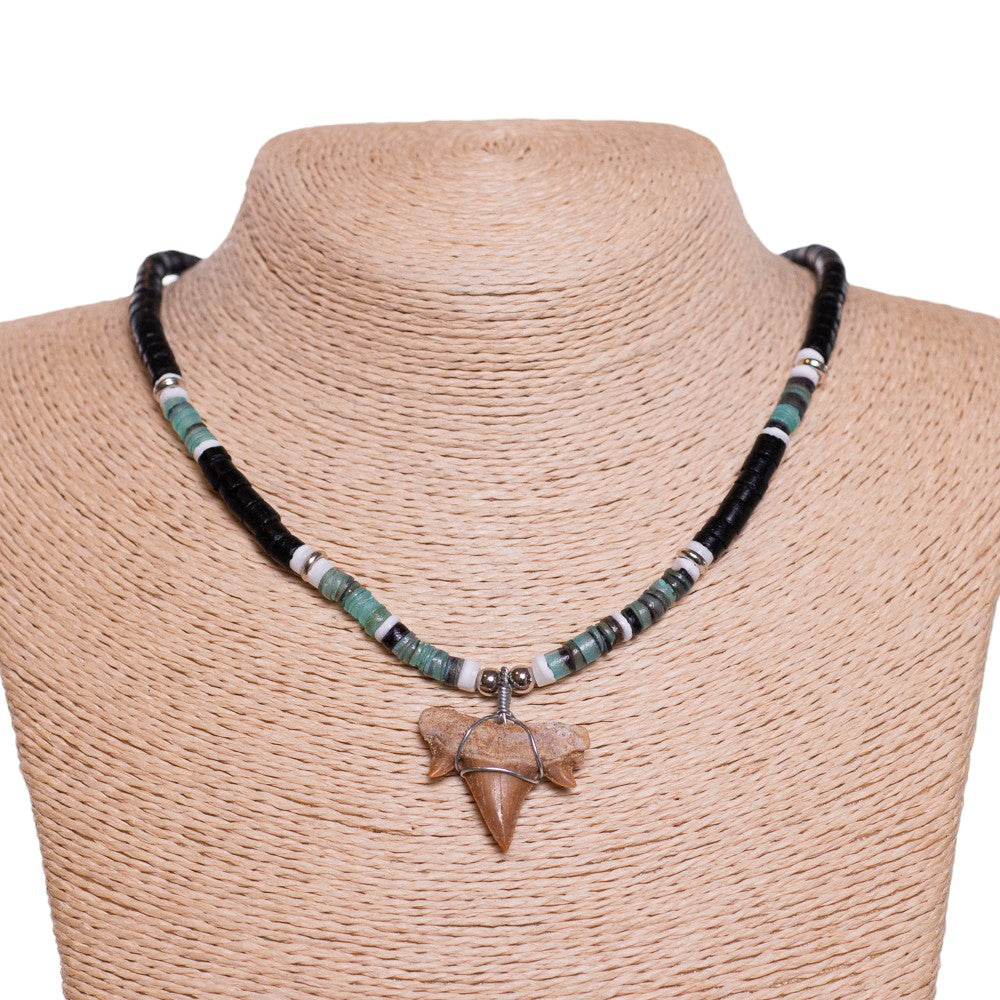 Fossil Shark Tooth on Black Coconut & Green Shell Beads Necklace (18" 2S)