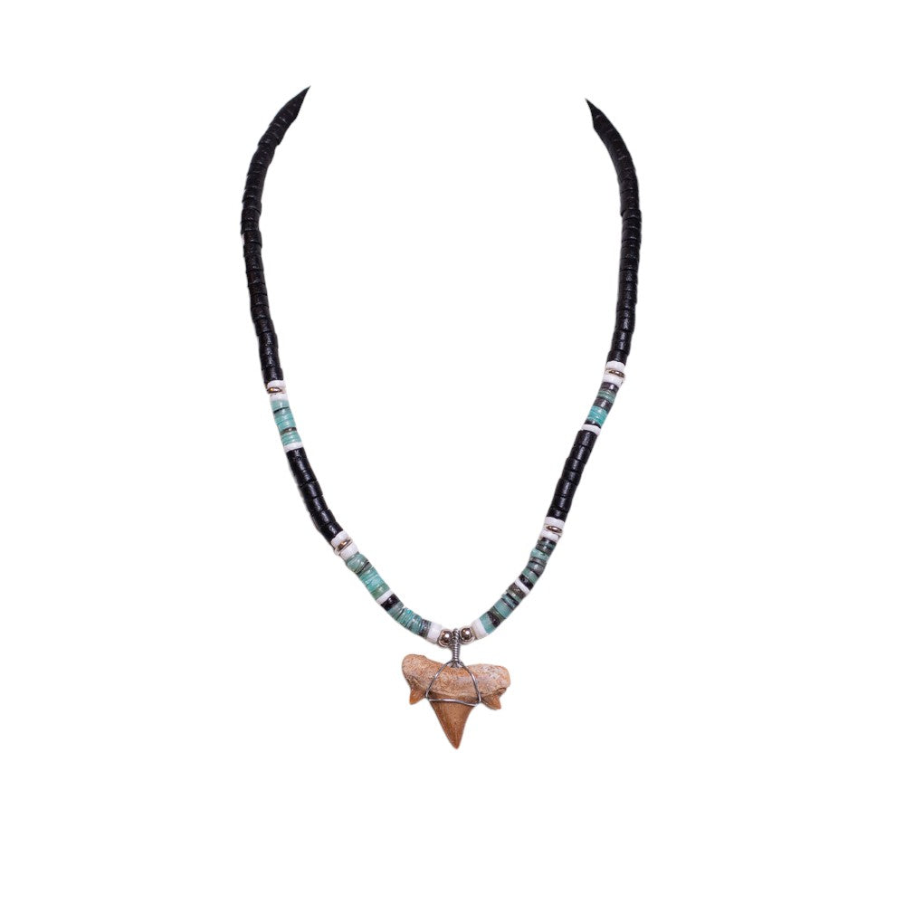 Fossil Shark Tooth on Black Coconut & Green Shell Beads Necklace (18" 2S)