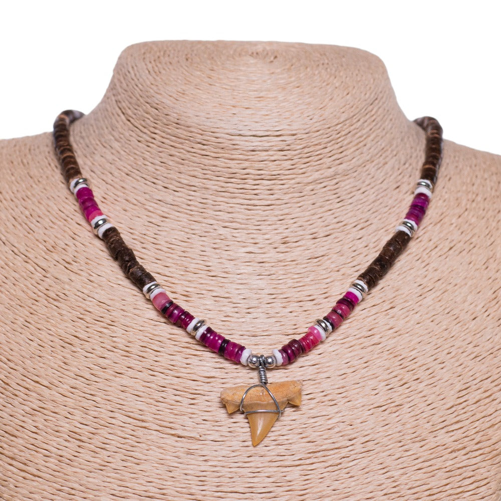 Fossil Shark Tooth on Brown Coconut & Pink Shell Beads Necklace (18" 2S)