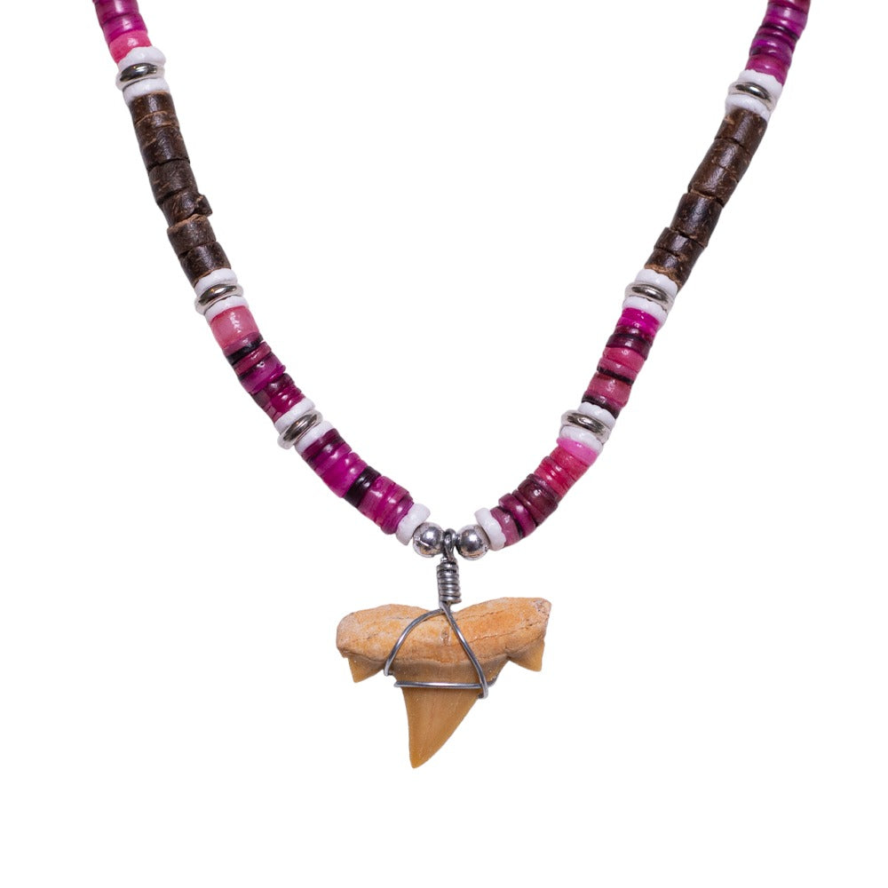 Fossil Shark Tooth on Brown Coconut & Pink Shell Beads Necklace (18" 2S)
