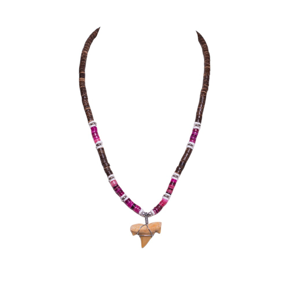 Fossil Shark Tooth on Brown Coconut & Pink Shell Beads Necklace (18" 2S)