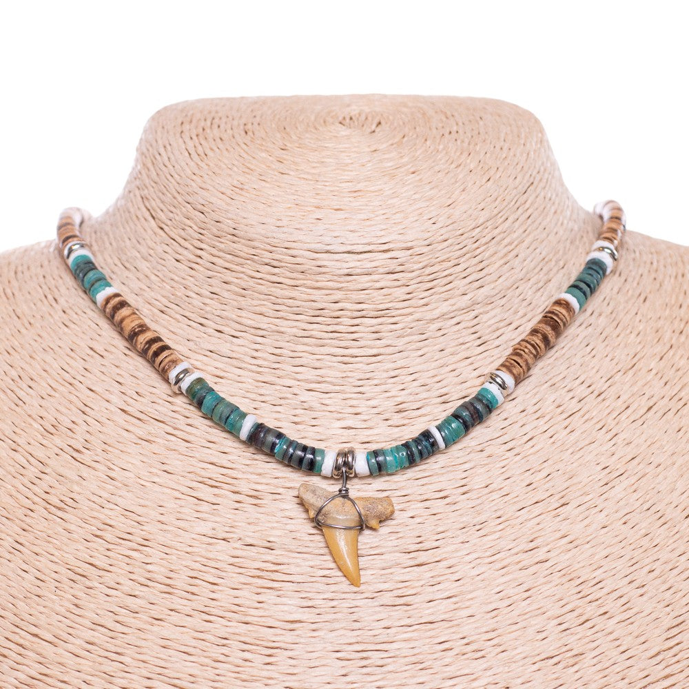 Fossil Shark Tooth on Coconut Shell Beads Necklace (1S 18")