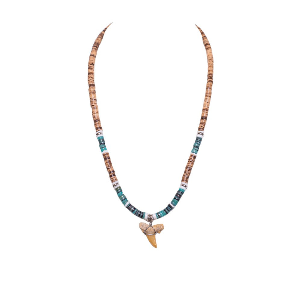 Fossil Shark Tooth on Coconut Shell Beads Necklace (1S 18")