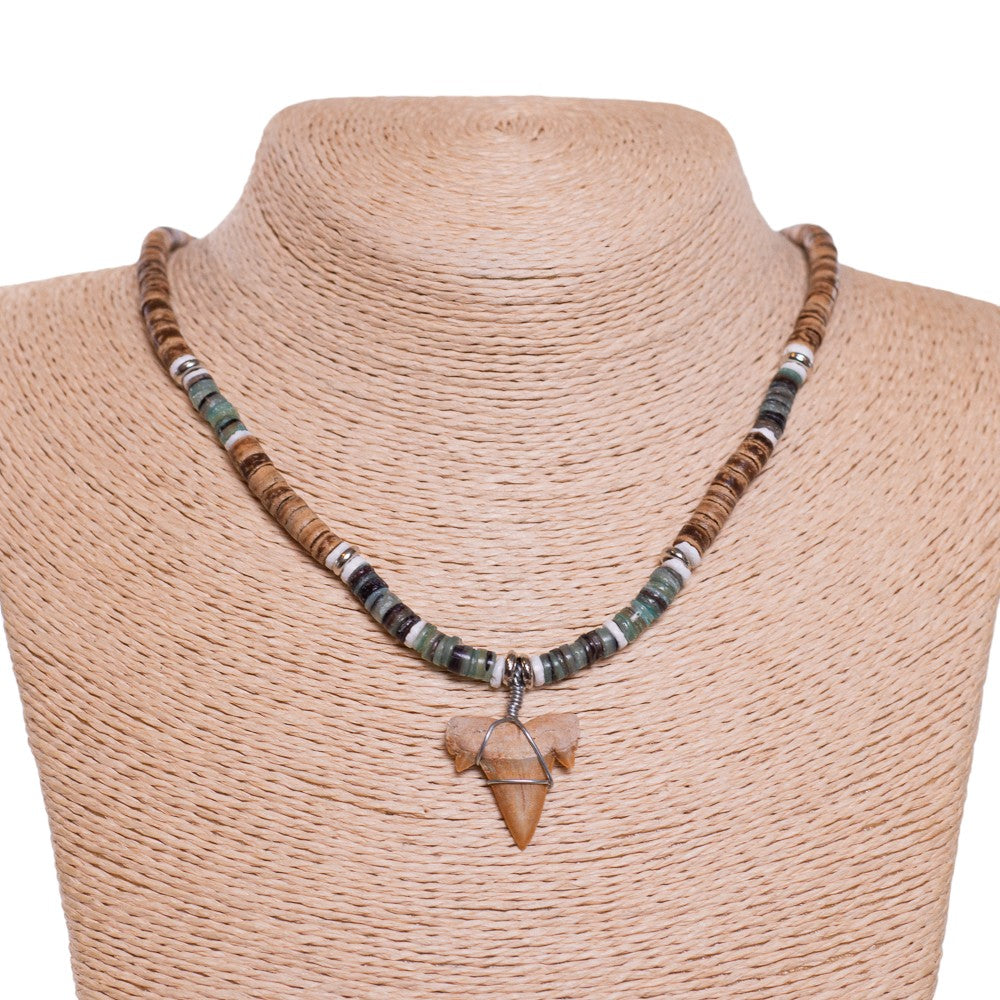 Fossil Shark Tooth on Tiger Brown Coconut & Green Shells Necklace (18" 2S)