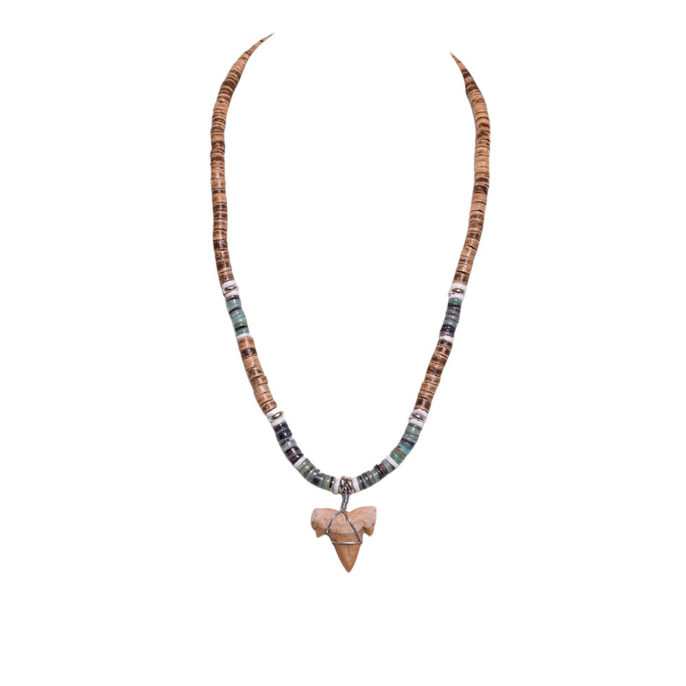 Fossil Shark Tooth on Tiger Brown Coconut & Green Shells Necklace (18" 2S)