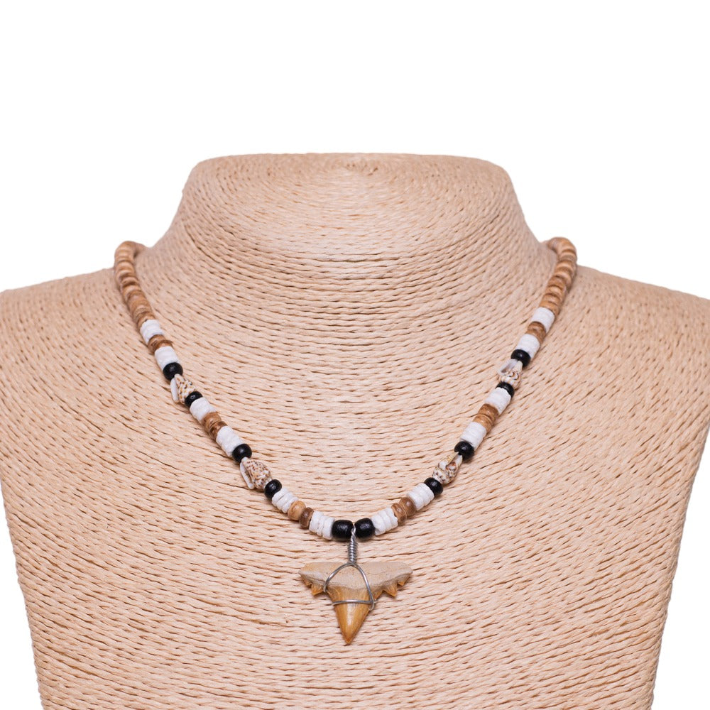 Fossil Shark Tooth on Tiger Brown Coconut & Nassa Shells Necklace (18" 2S)