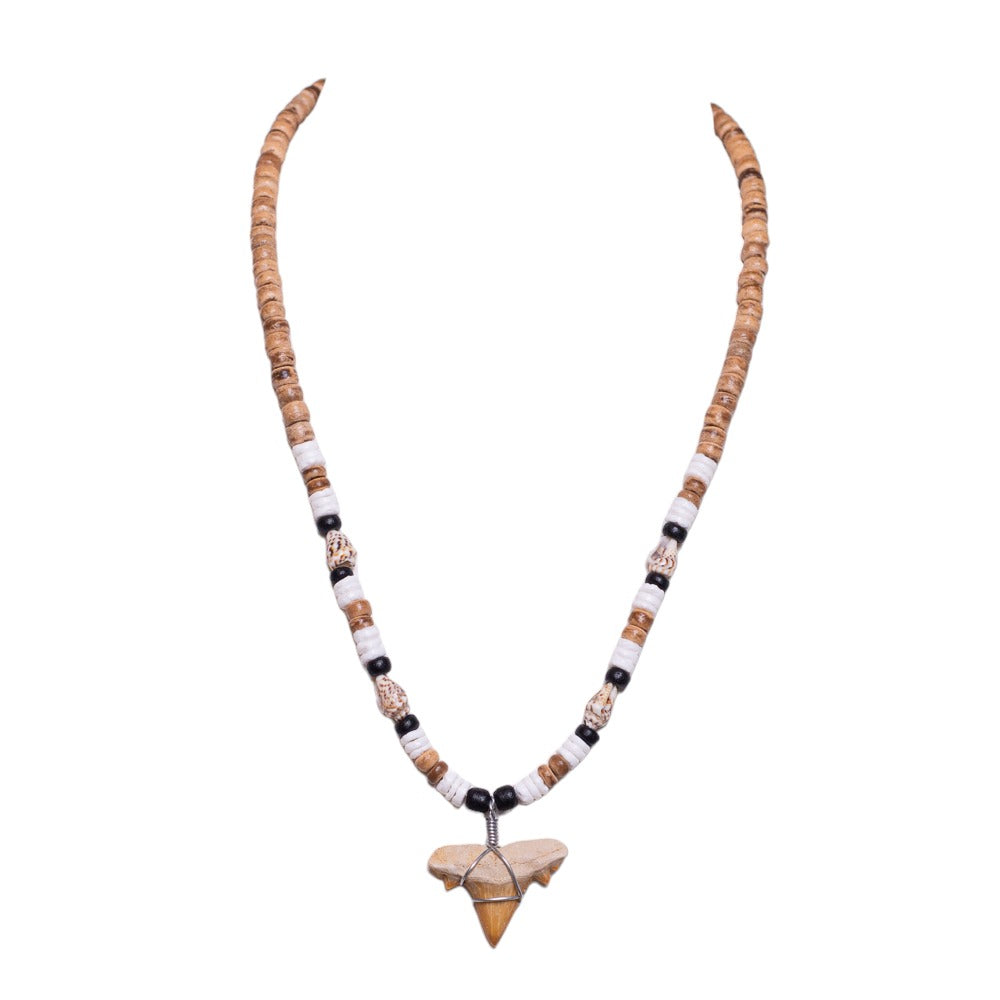 Fossil Shark Tooth on Tiger Brown Coconut & Nassa Shells Necklace (18" 2S)