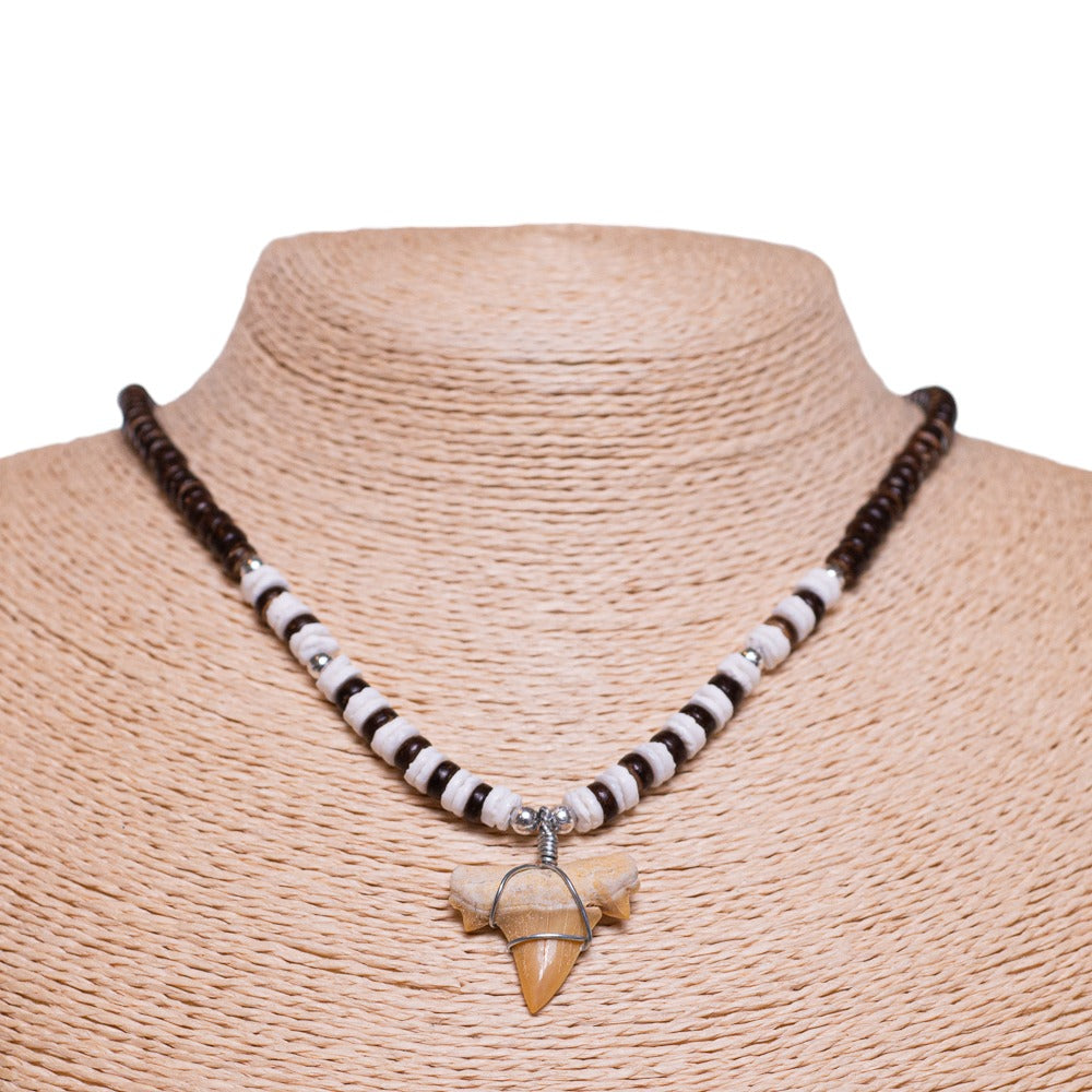 Fossil Shark Tooth on Brown Coconut & Puka Shell Beads Necklace (18" 2S)