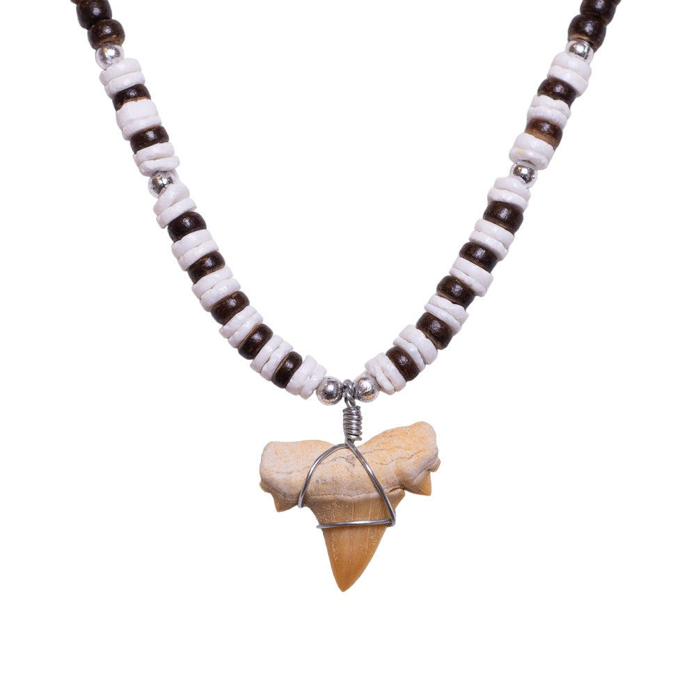 Fossil Shark Tooth on Brown Coconut & Puka Shell Beads Necklace (18" 2S)