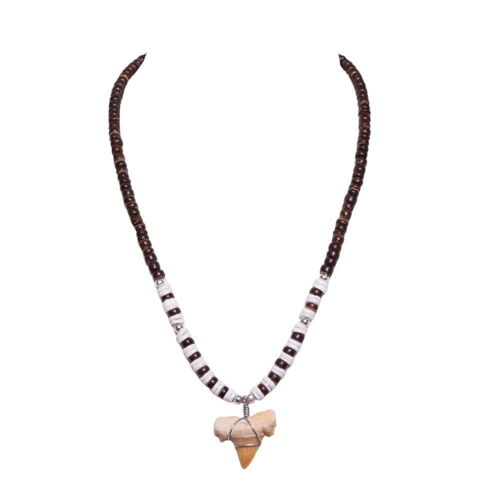 Fossil Shark Tooth on Brown Coconut & Puka Shell Beads Necklace (18" 2S)