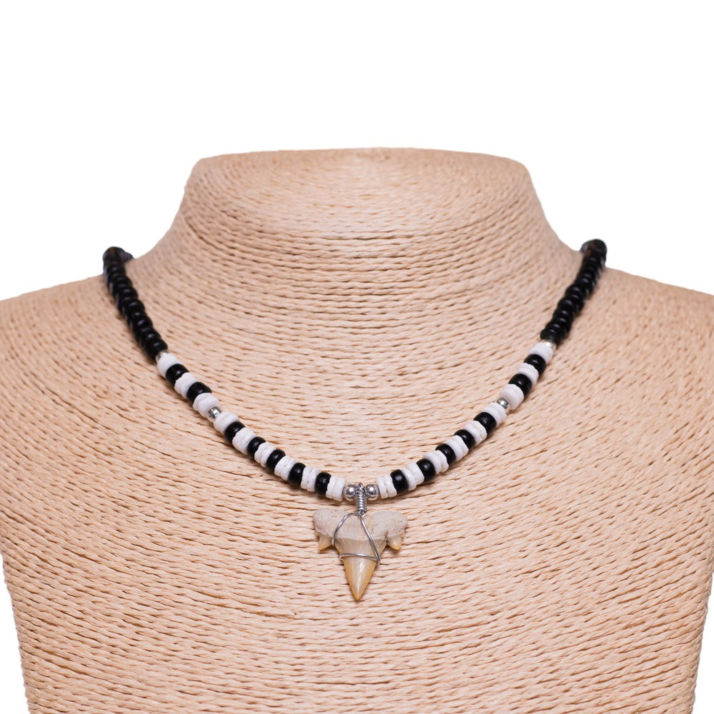 Fossil Shark Tooth on Black Coconut and Puka Shell Beads Necklace (18" 2S)