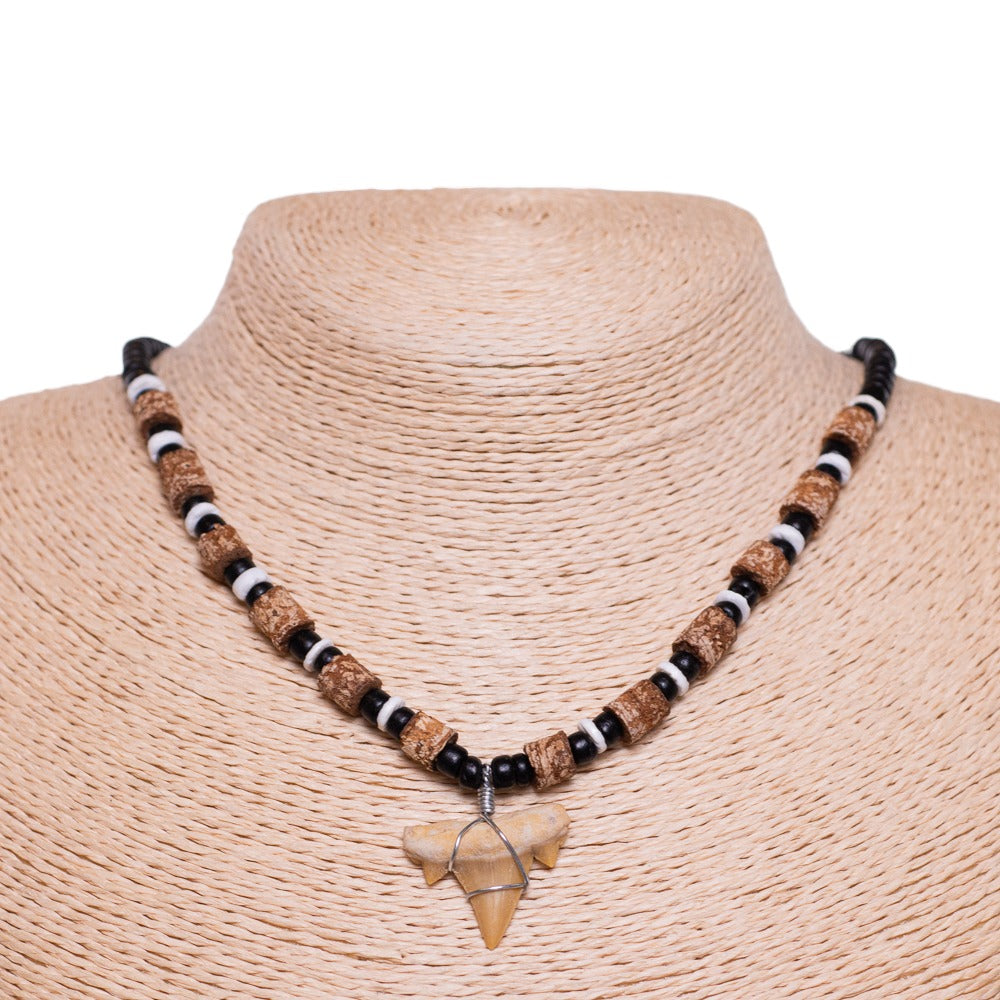 Fossil Shark Tooth on Black Coconut Shell and Cork Beads Necklace (18" 2S)