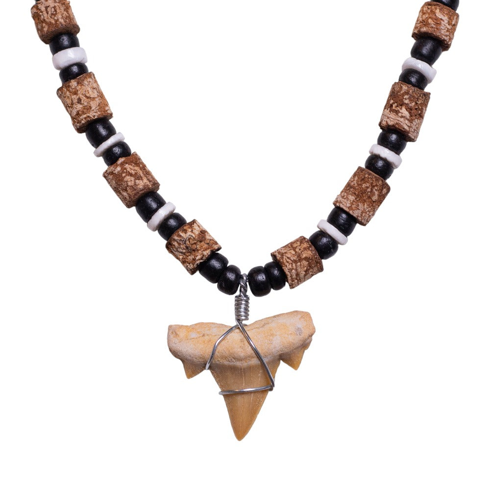 Fossil Shark Tooth on Black Coconut Shell and Cork Beads Necklace (18" 2S)