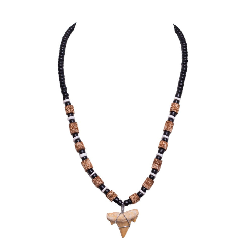 Fossil Shark Tooth on Black Coconut Shell and Cork Beads Necklace (18" 2S)