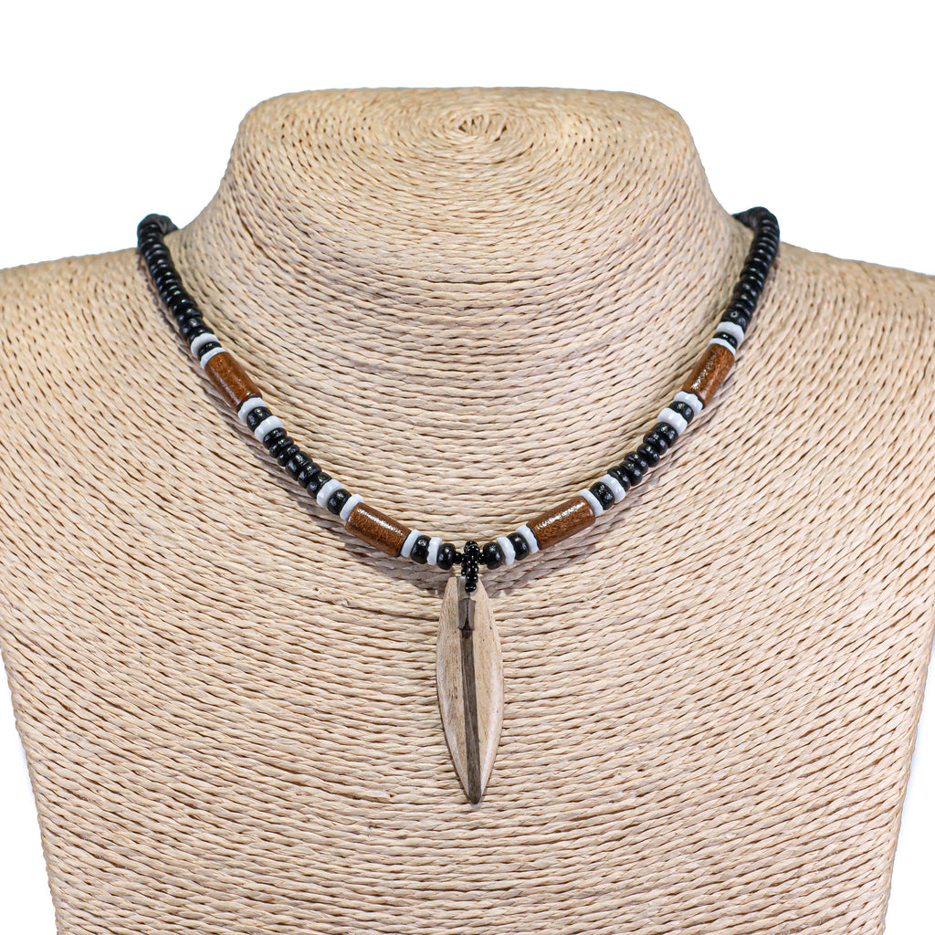 Wood Surfboard Pendant on Black Coconut Beads Necklace