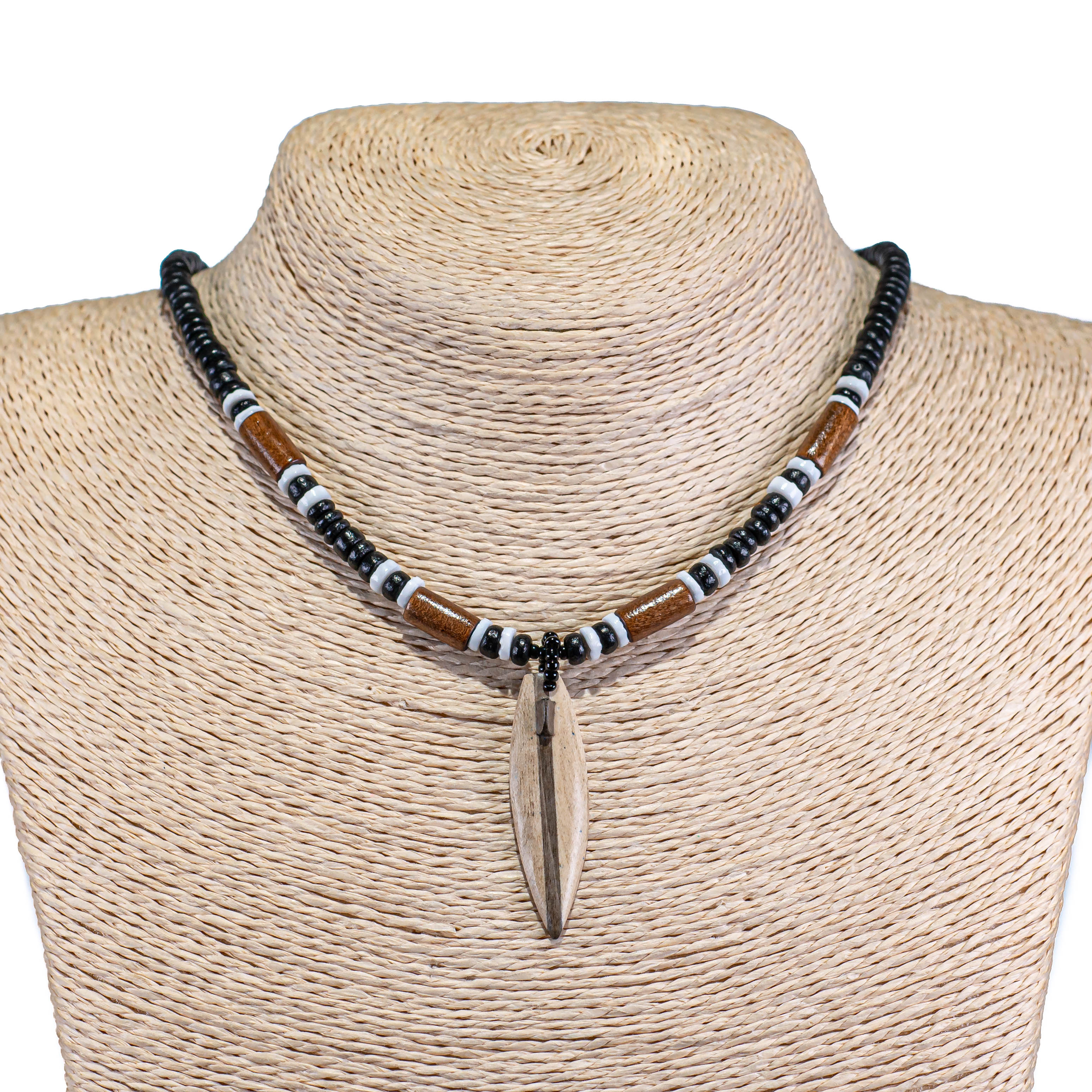 Wood Surfboard Pendant on Black Coconut Beads Necklace