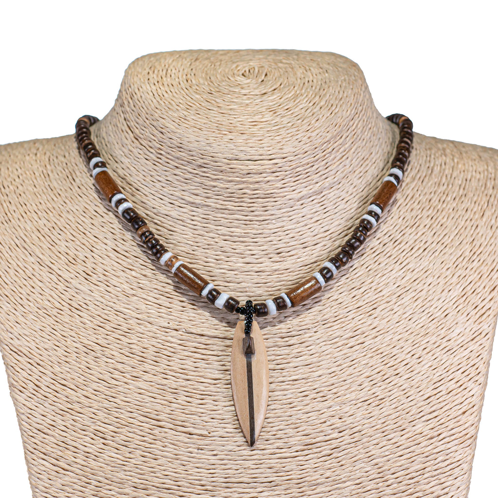 Wood Surfboard Pendant on Brown Coconut Beads Necklace