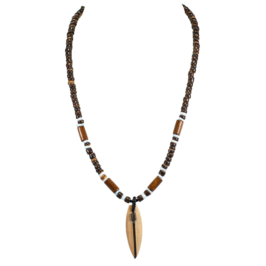 Wood Surfboard Pendant on Brown Coconut Beads Necklace
