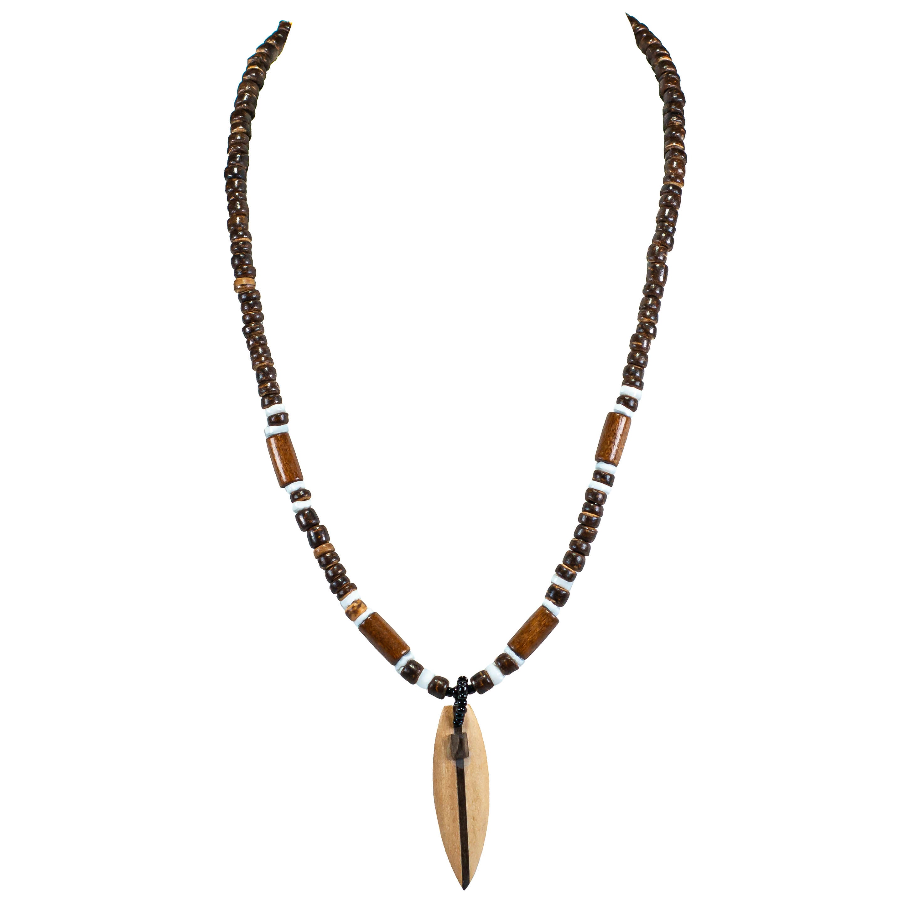 Wood Surfboard Pendant on Brown Coconut Beads Necklace