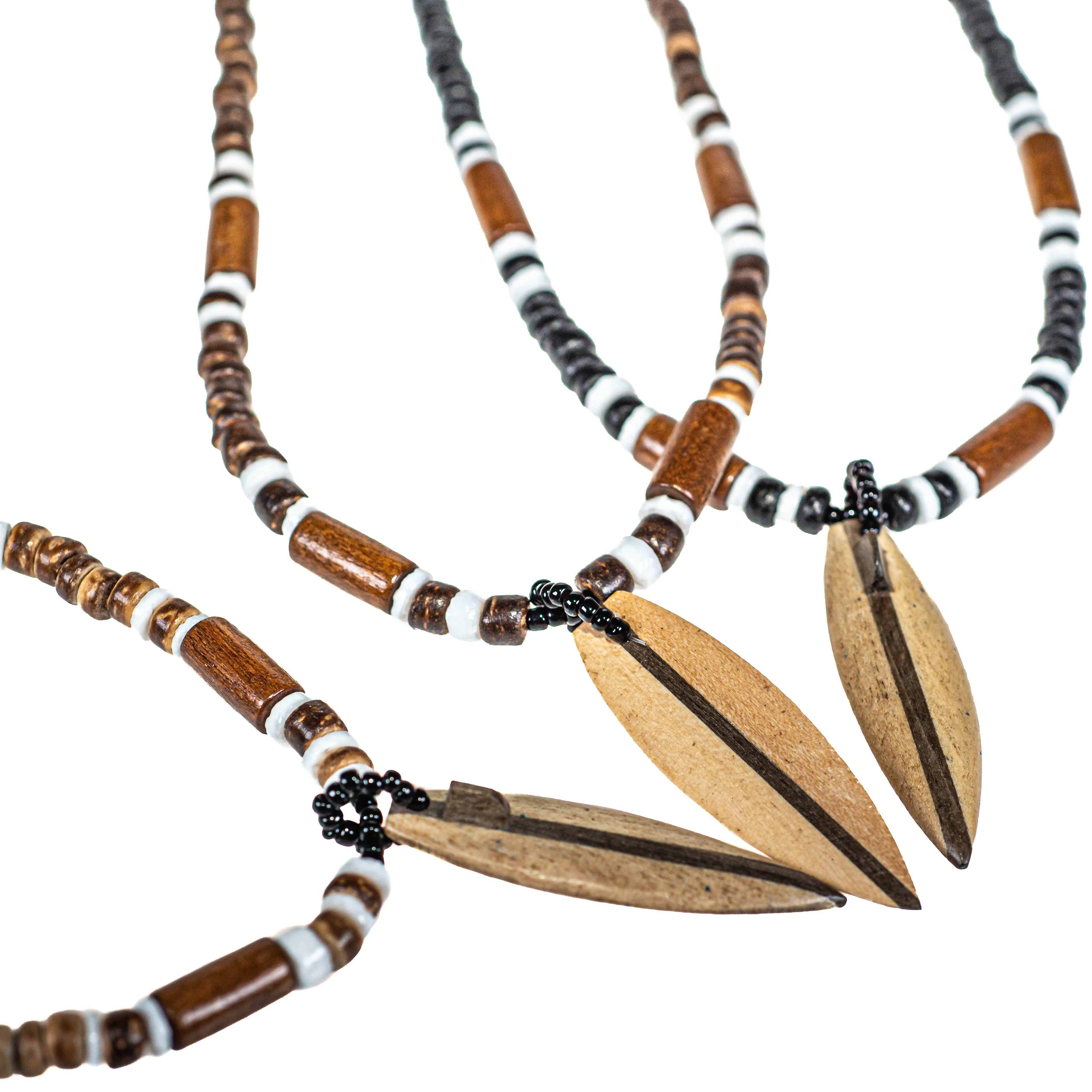 Wood Surfboard Pendant on Tiger Coconut Beads Necklace