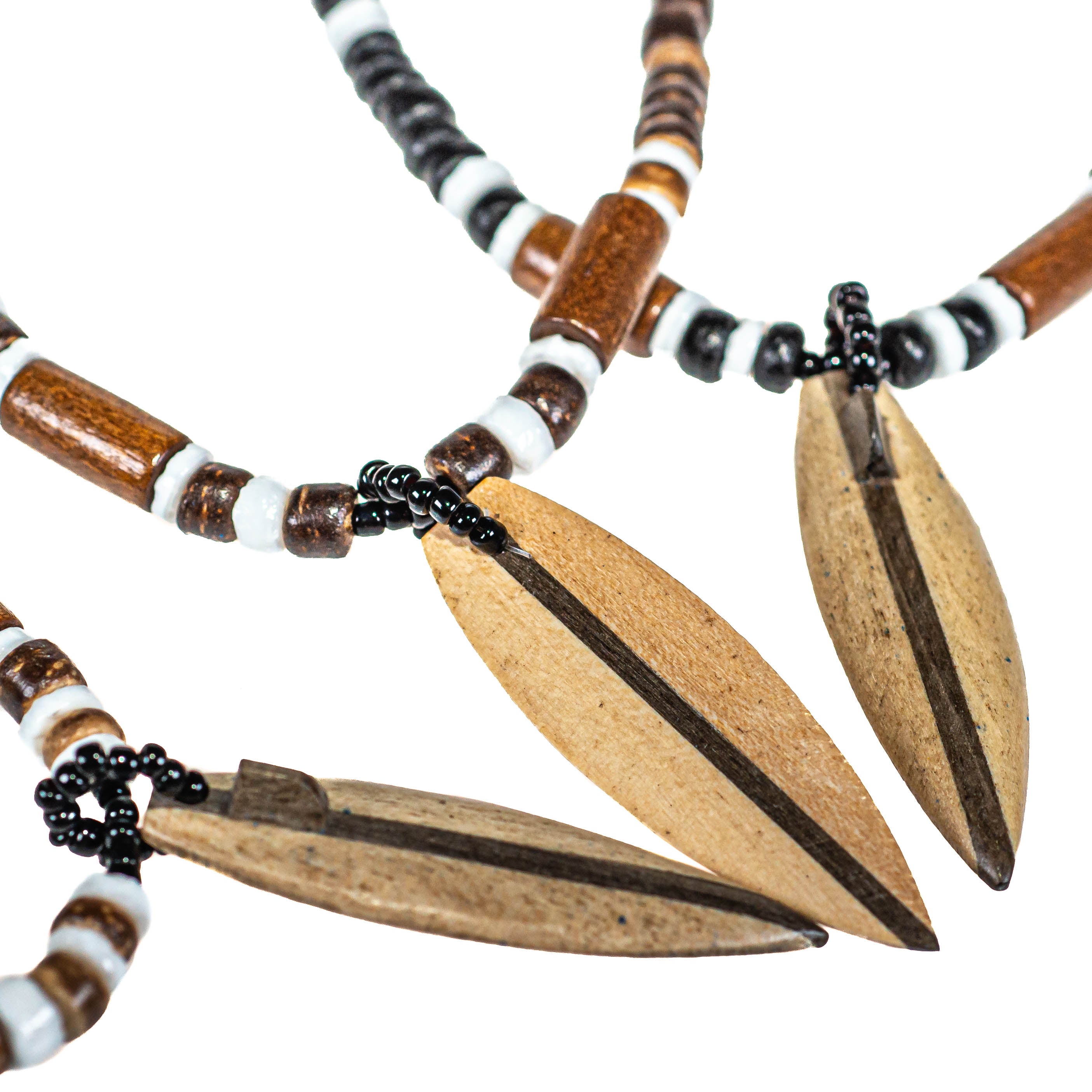 Wood Surfboard Pendant on Tiger Coconut Beads Necklace