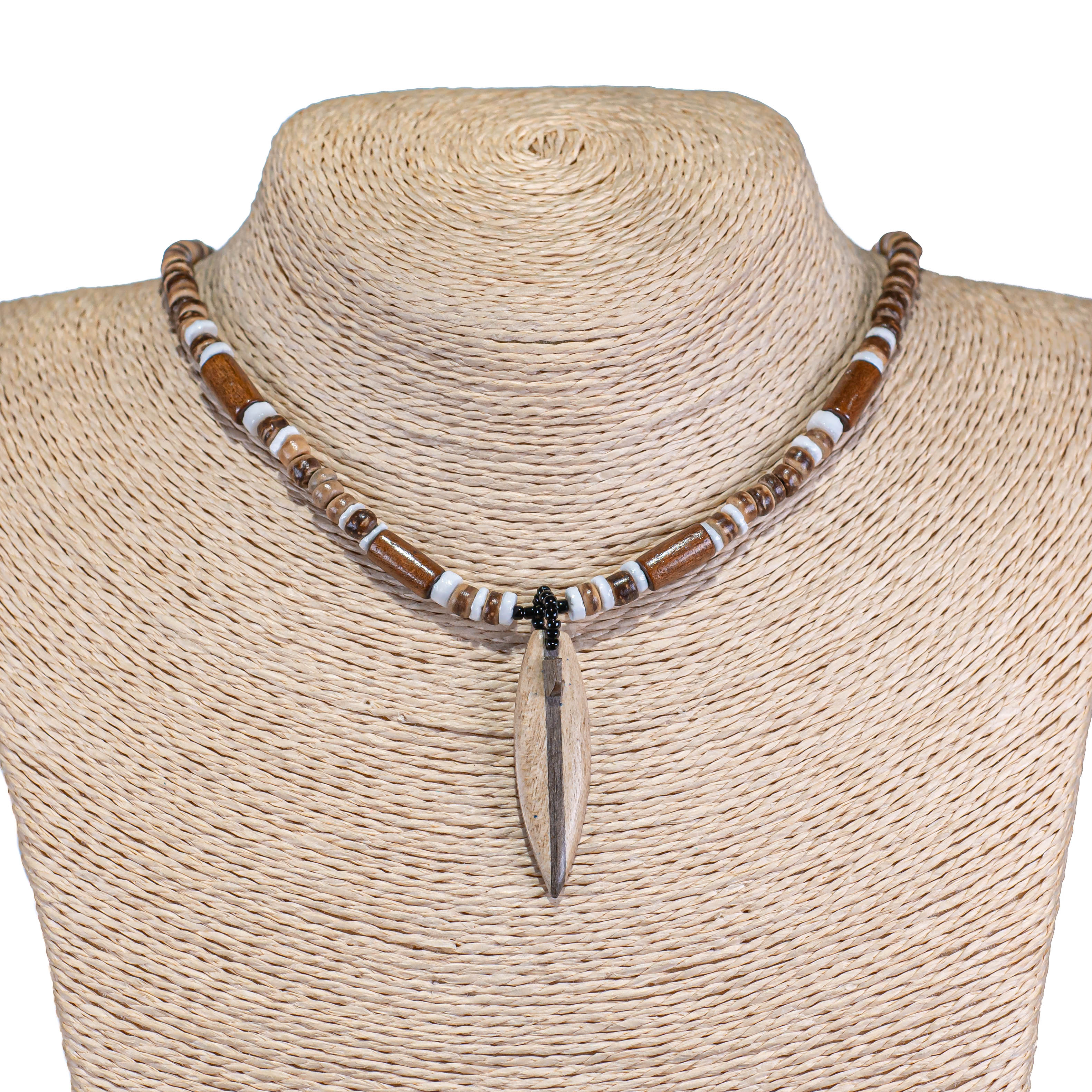 Wood Surfboard Pendant on Tiger Coconut Beads Necklace
