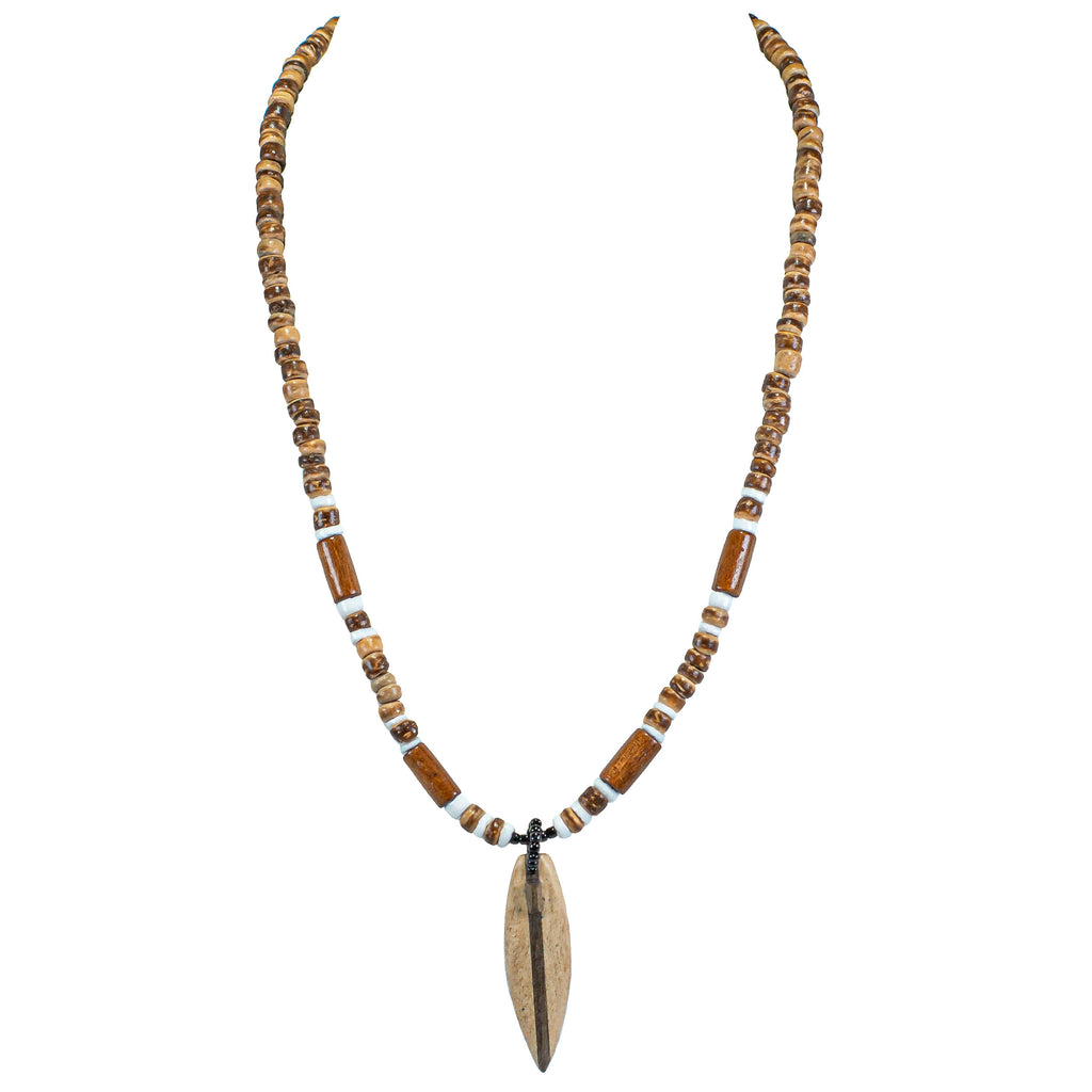Wood Surfboard Pendant on Tiger Coconut Beads Necklace