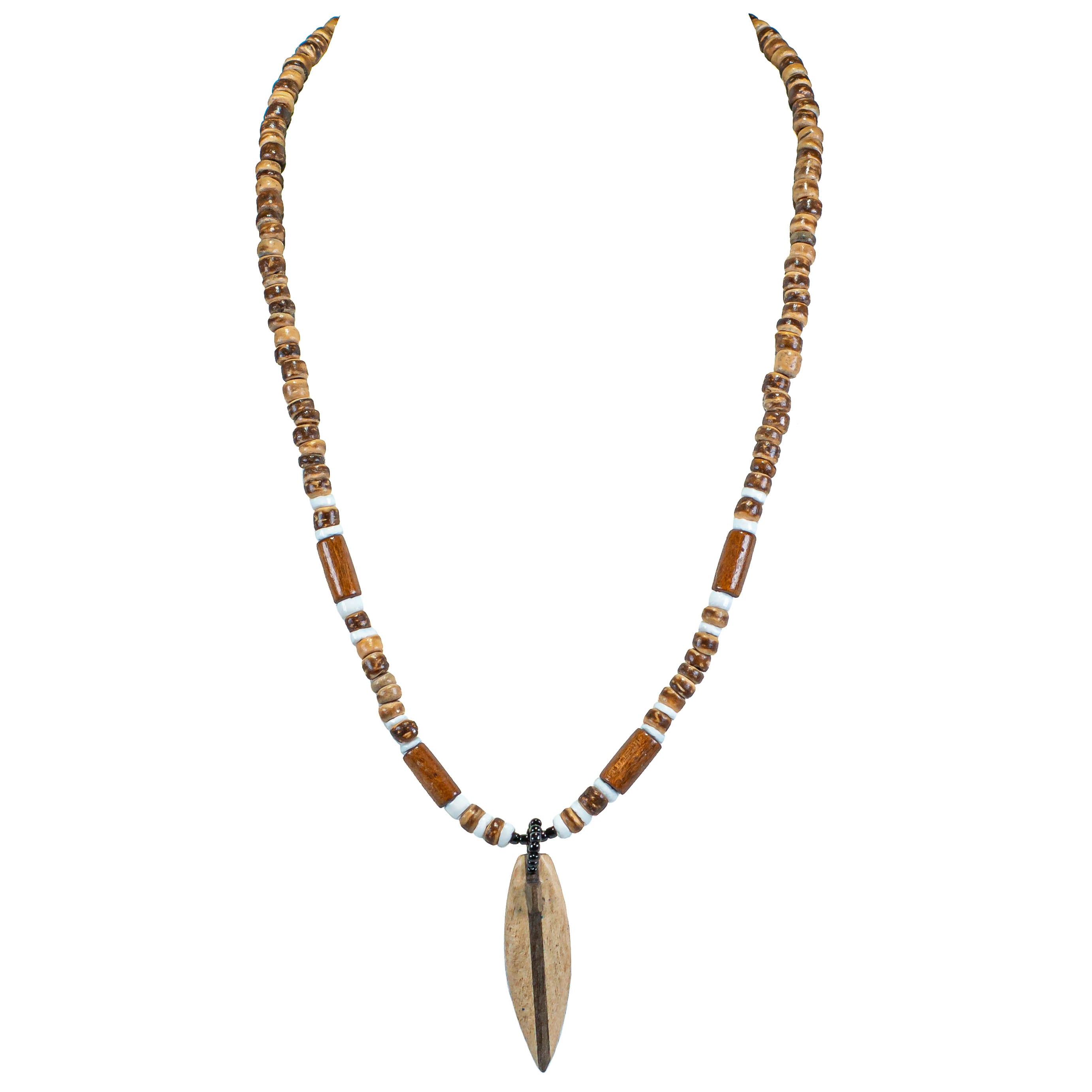 Wood Surfboard Pendant on Tiger Coconut Beads Necklace
