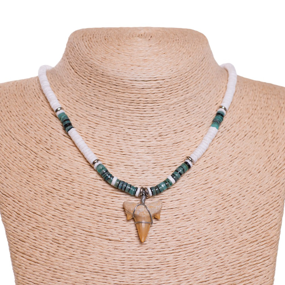 Fossil Shark Tooth on Puka & Green Shell Beads Necklace (18" 2S)