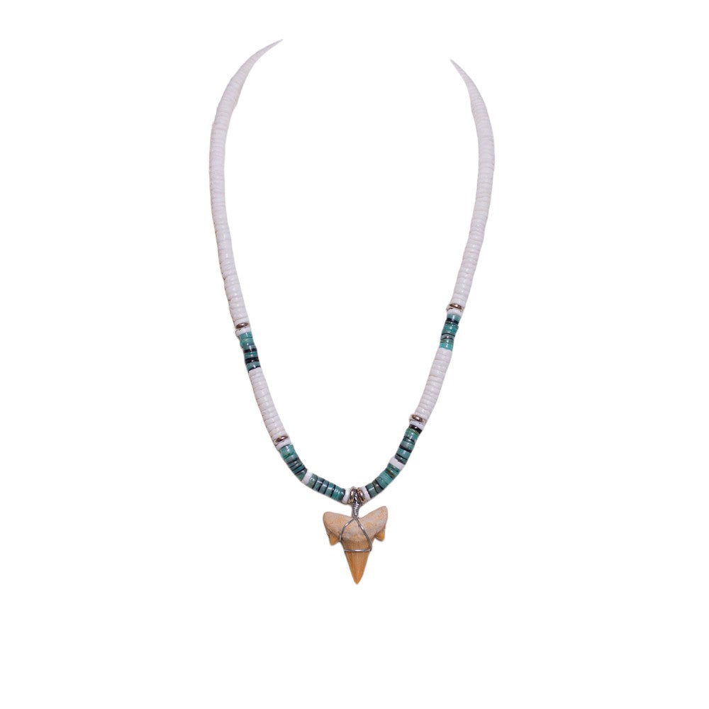 Fossil Shark Tooth on Puka & Green Shell Beads Necklace (18" 2S)