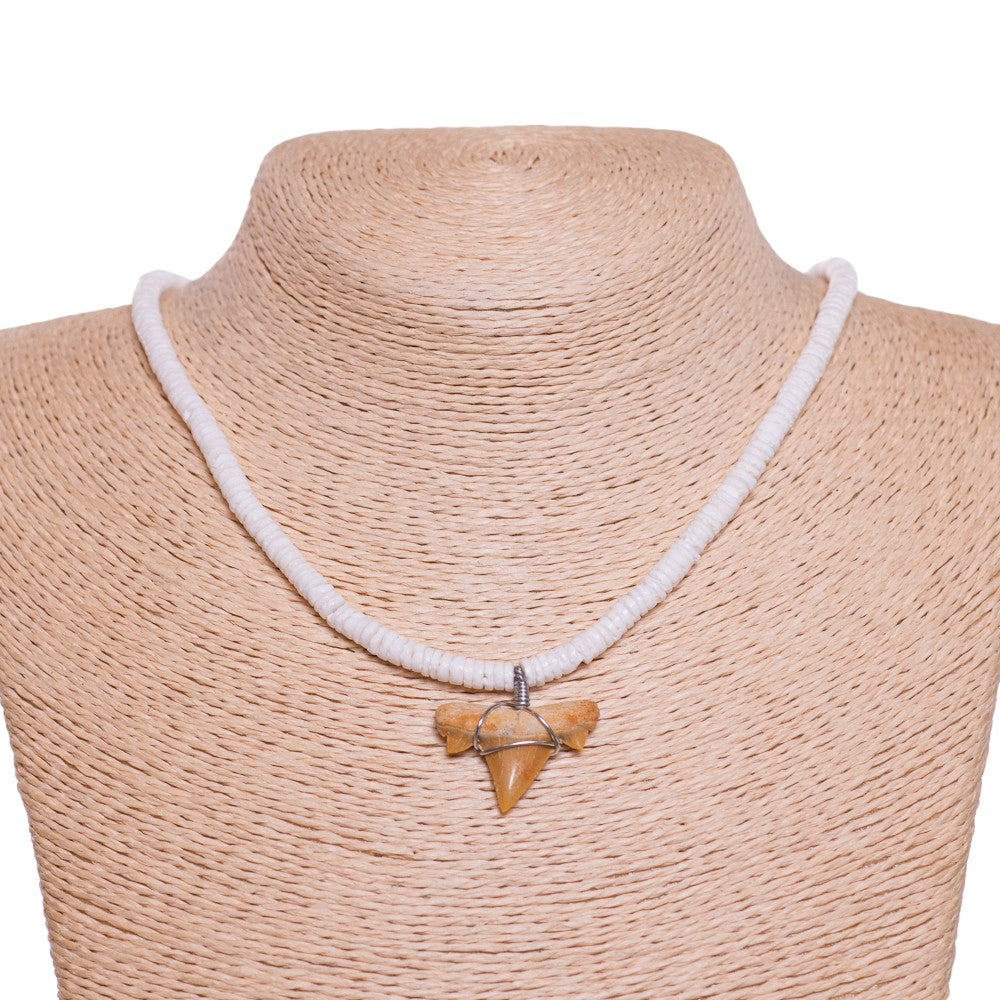 Fossil Shark Tooth on Puka Shell Beads Necklace (18" 2S)