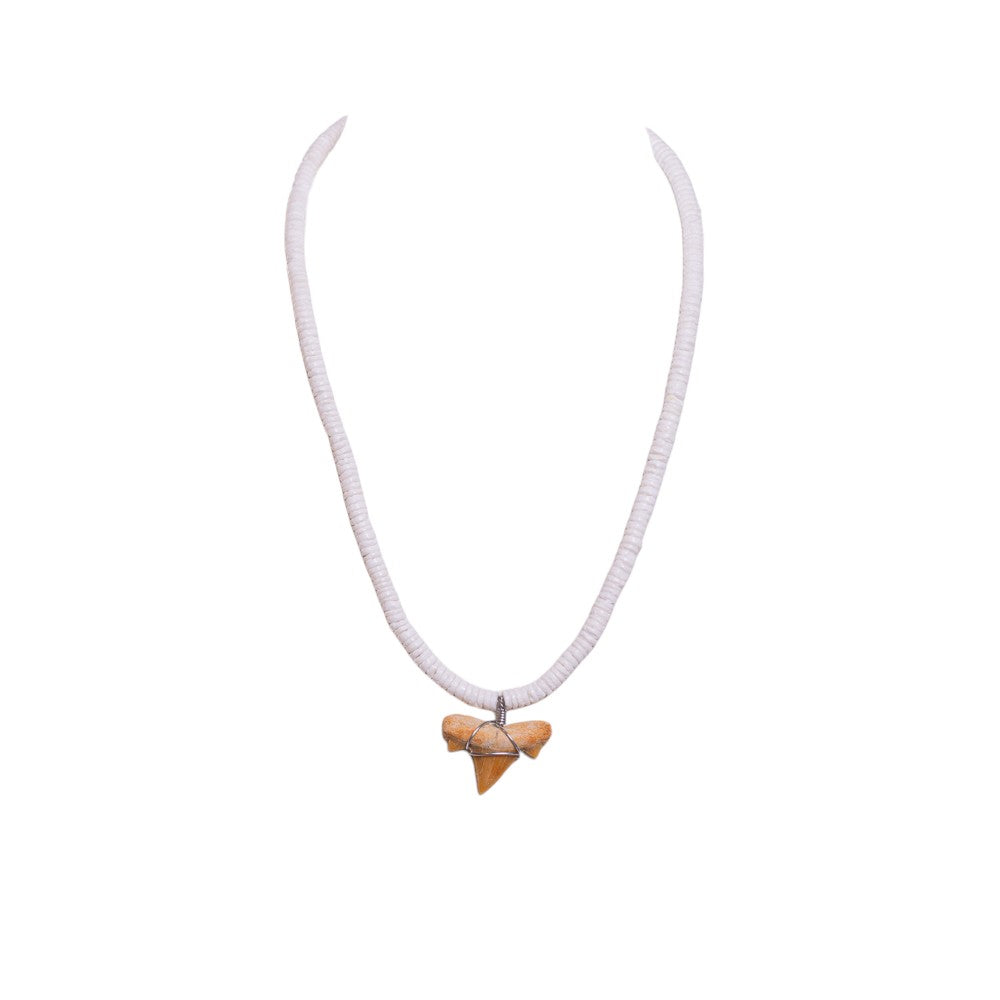Fossil Shark Tooth on Puka Shell Beads Necklace (18" 2S)