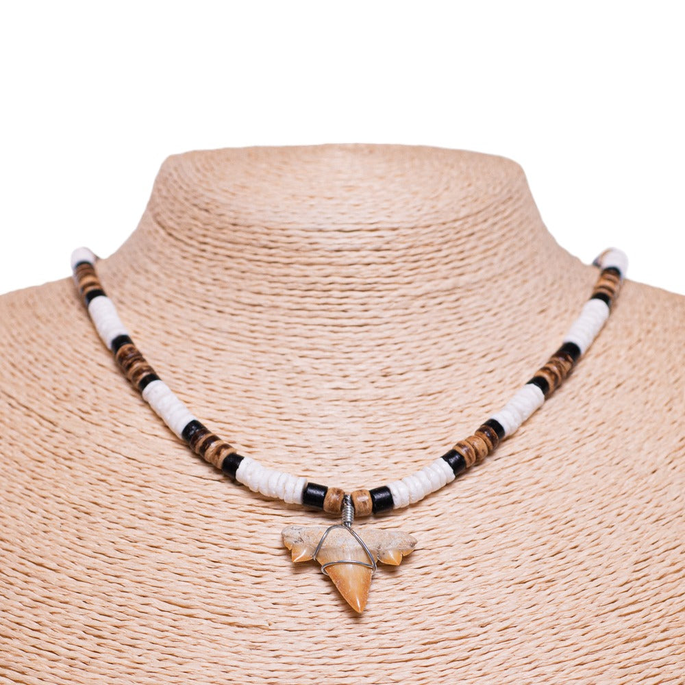 Fossil Shark Tooth on Puka & Coconut Shell Beads Necklace (18" 2S)