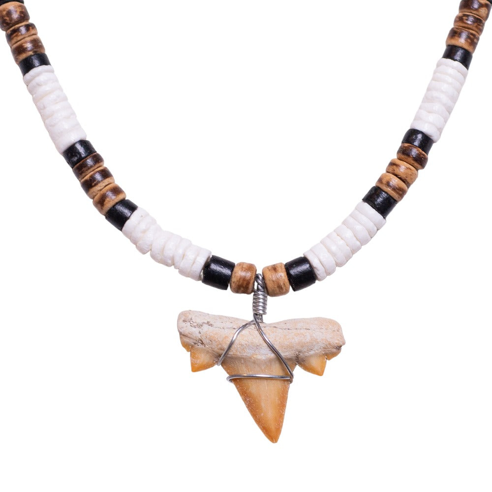 Fossil Shark Tooth on Puka & Coconut Shell Beads Necklace (18" 2S)