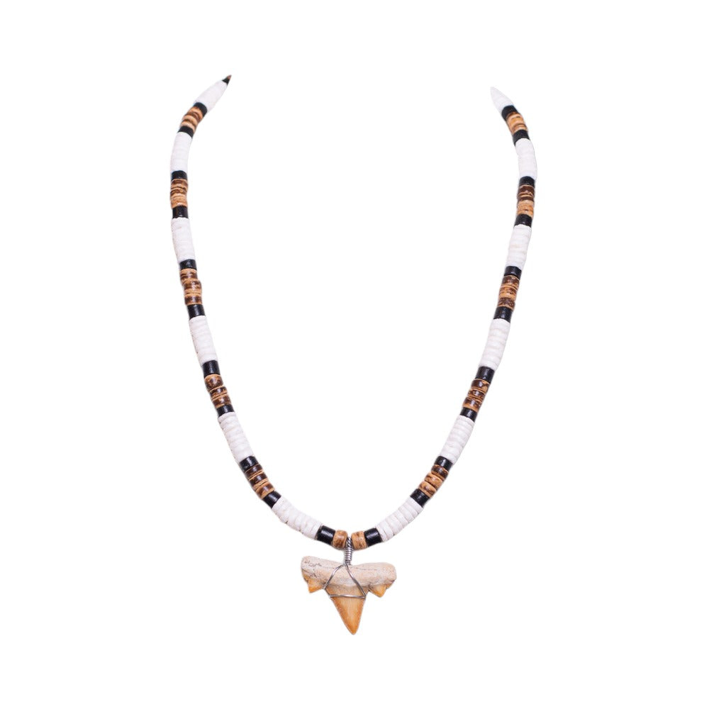 Fossil Shark Tooth on Puka & Coconut Shell Beads Necklace (18" 2S)