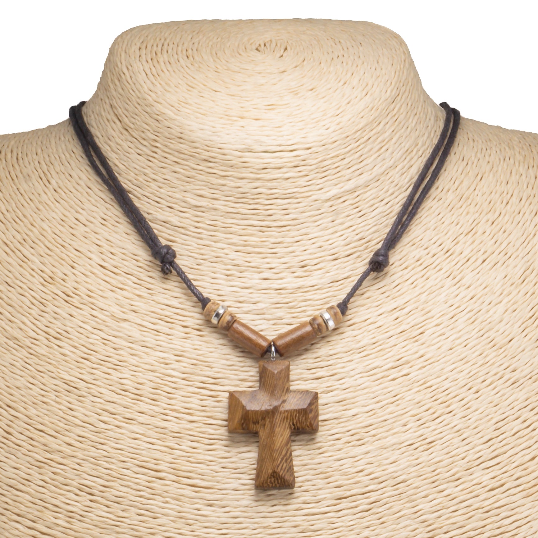 Wood Cross Pendant on Adjustable Rope Necklace