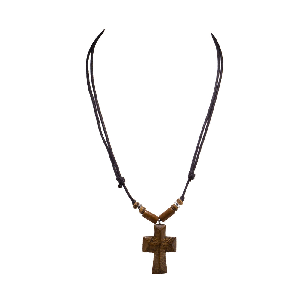 Wood Cross Pendant on Adjustable Rope Necklace