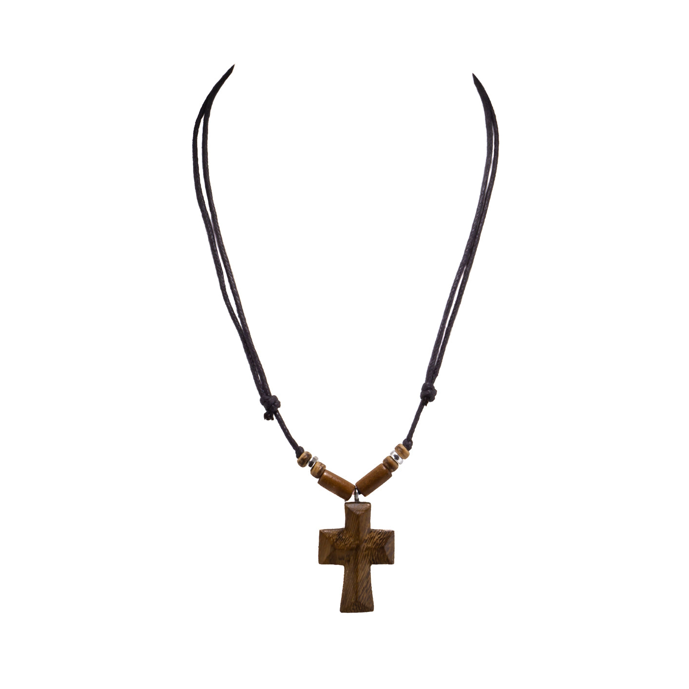 Wood Cross Pendant on Adjustable Rope Necklace