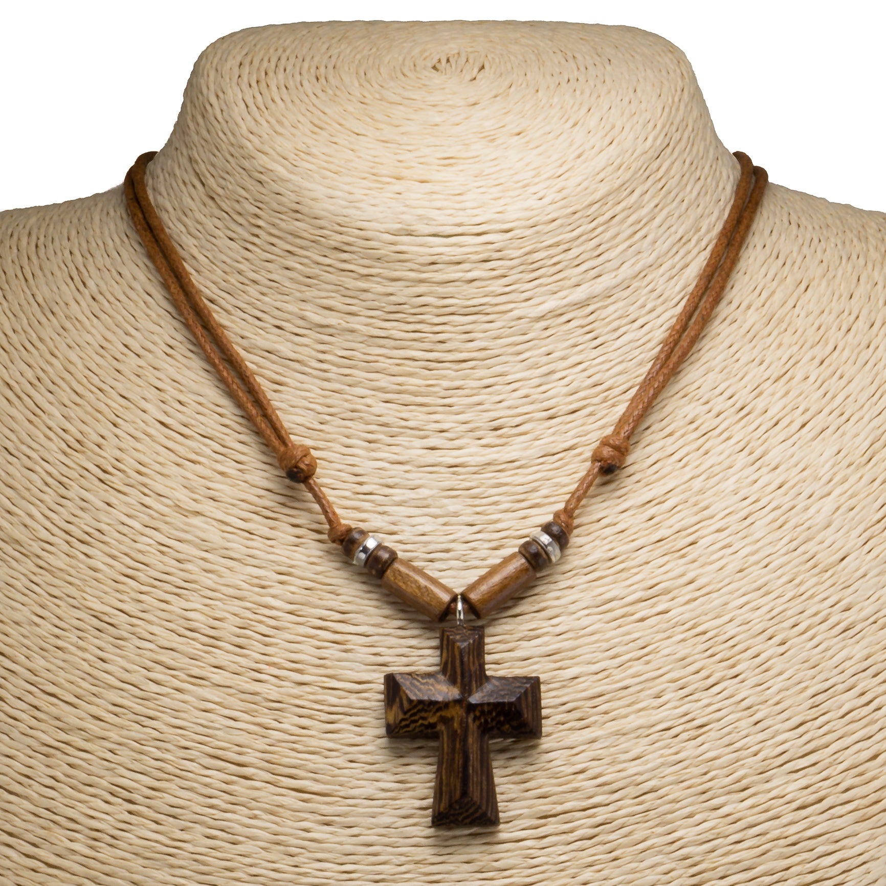 Wood Cross Pendant on Adjustable Rope Necklace