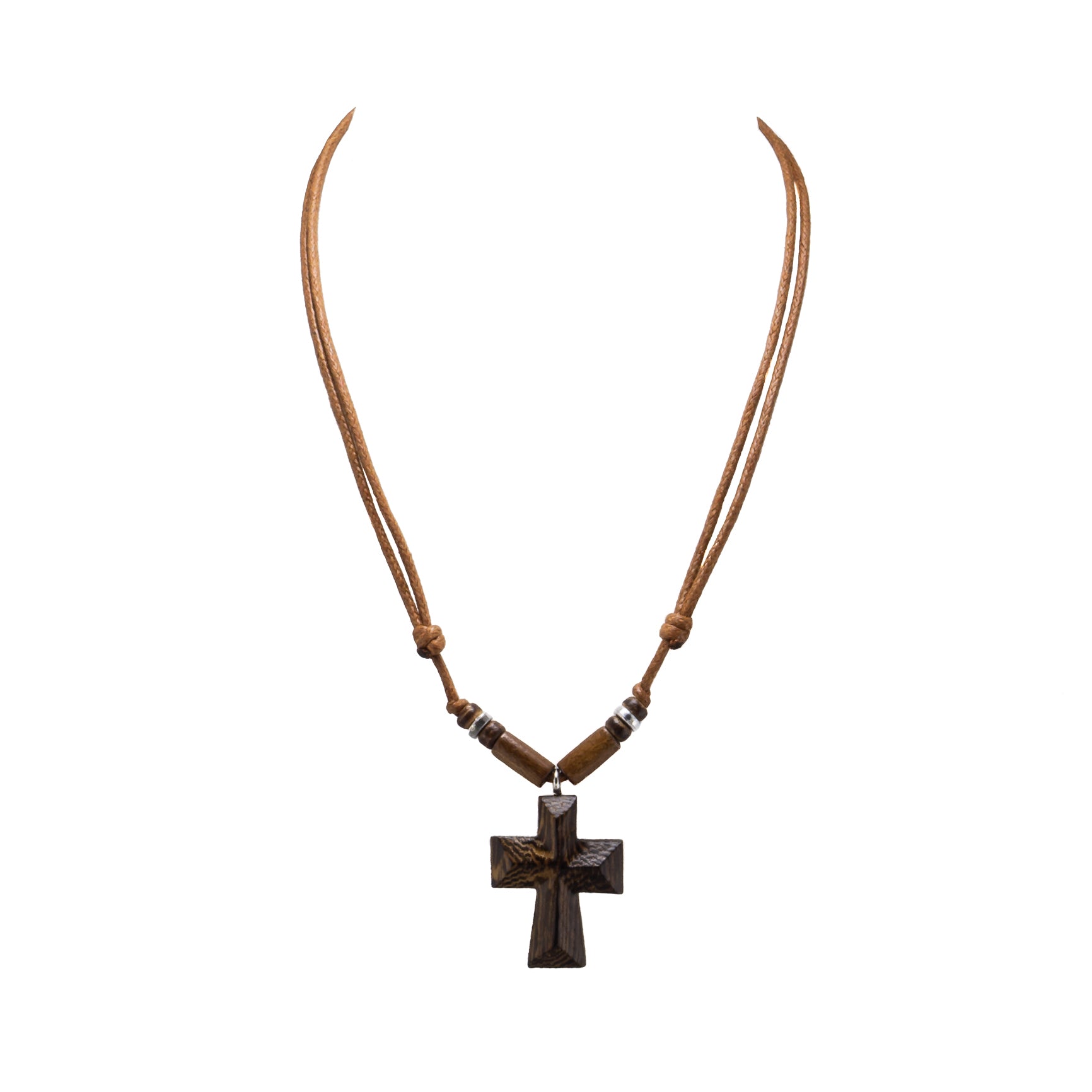 Wood Cross Pendant on Adjustable Rope Necklace