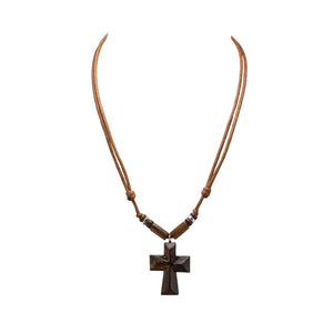 Wood Cross Pendant on Adjustable Rope Necklace