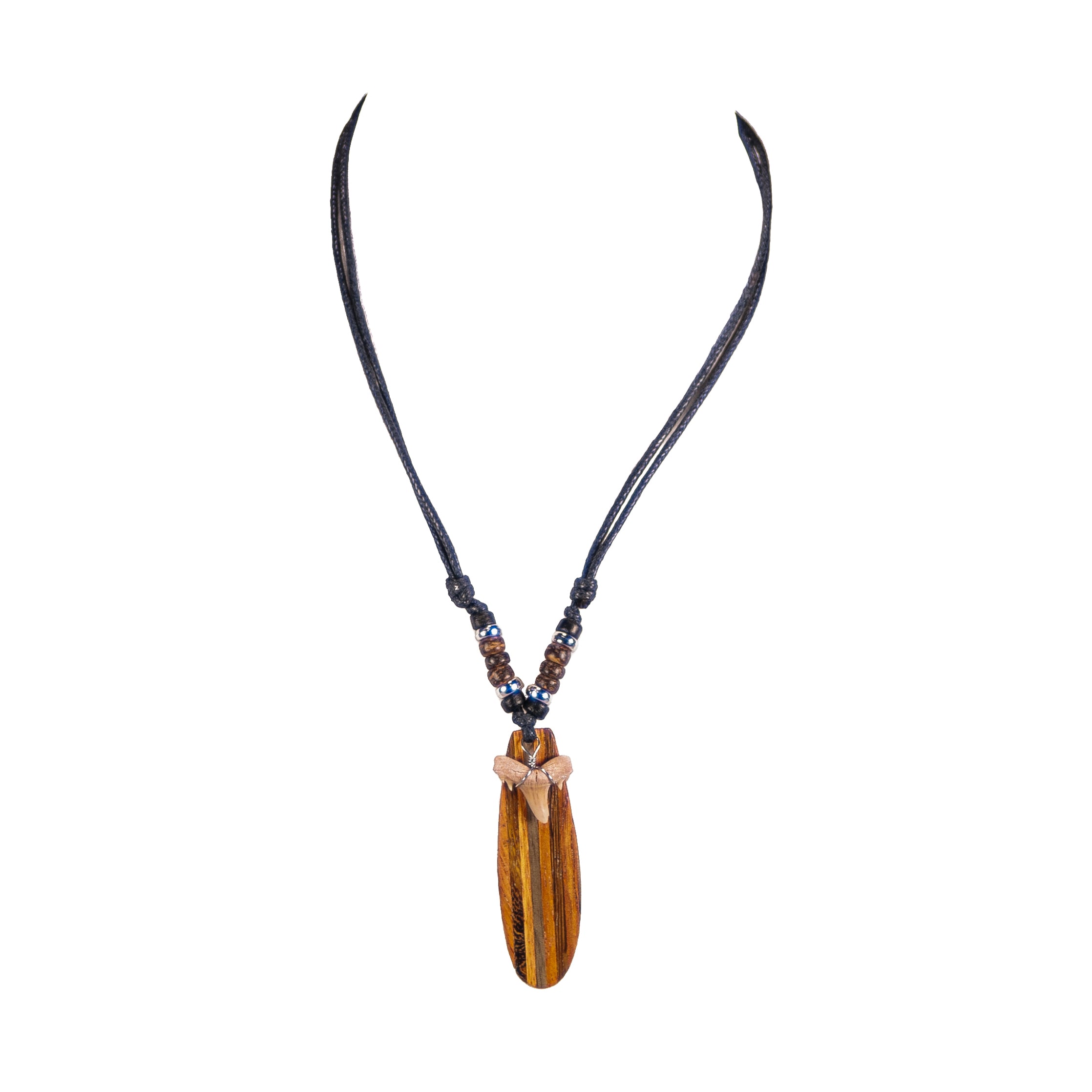 Shark Tooth and Wood Surfboard Pendants on Adjustable Black Rope Cord Necklace