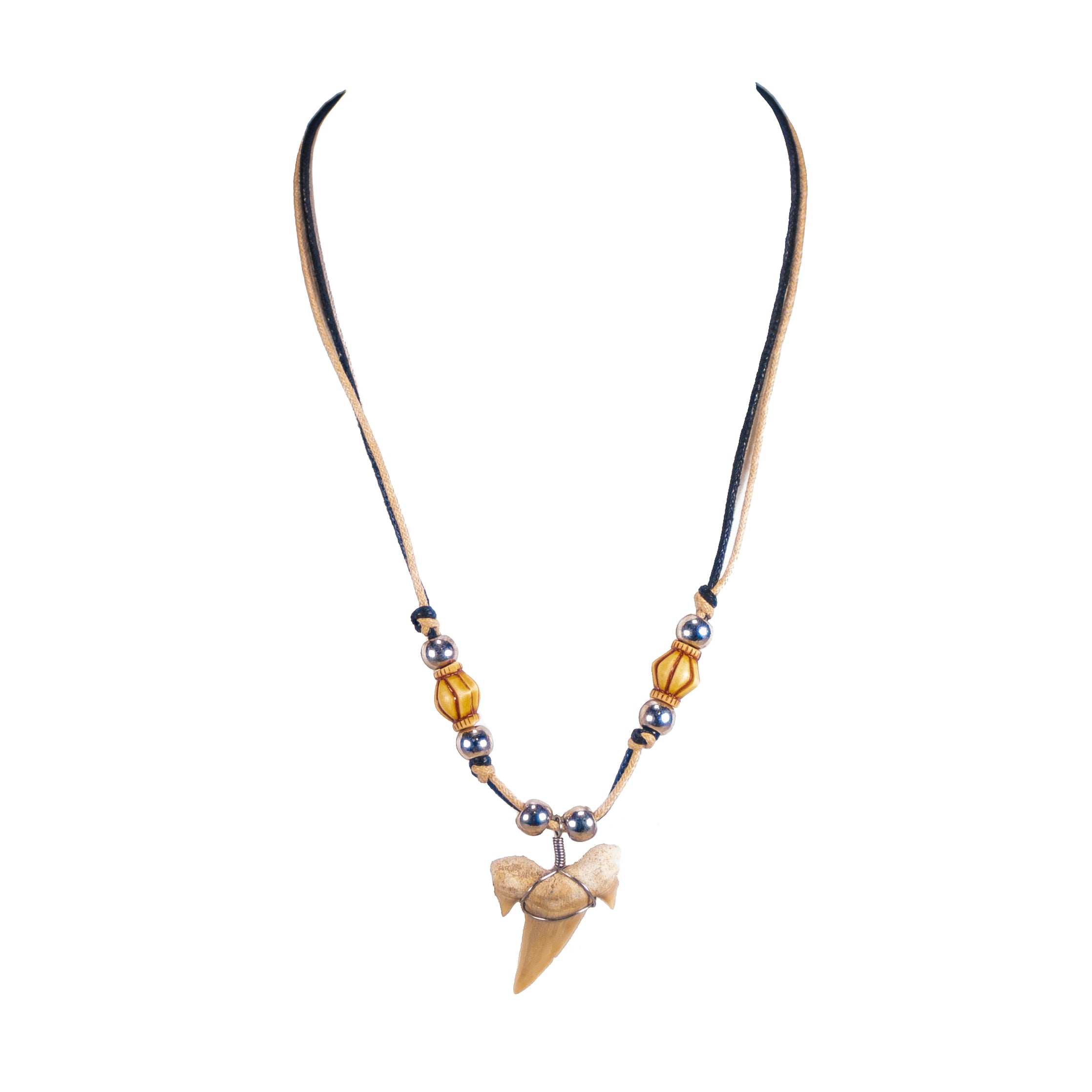 1¼"+ Shark Tooth Pendant on Double Cord Necklace with Tribal Beads