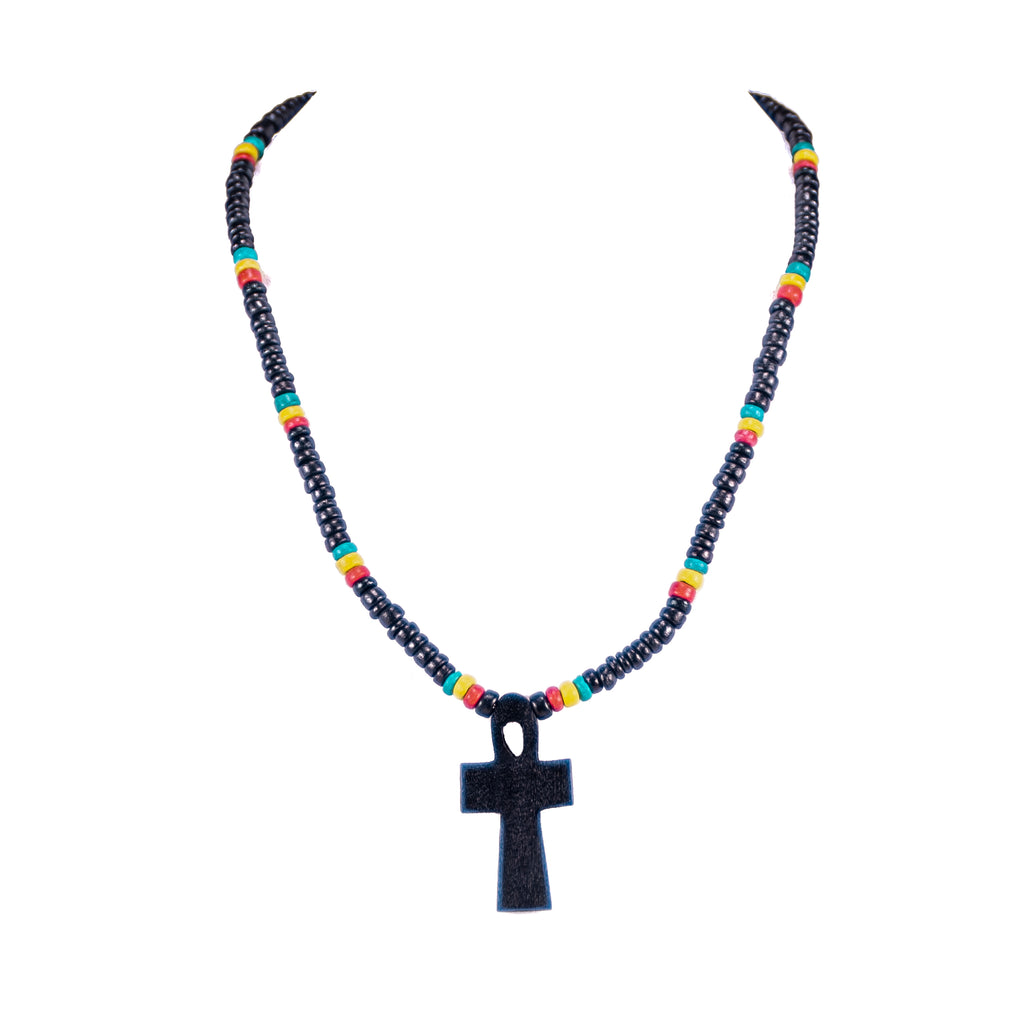 Wood Ankh Cross Pendant on Rasta Coconut Beads Necklace