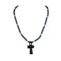 Wood Ankh Cross Pendant on Rasta Coconut Beads Necklace