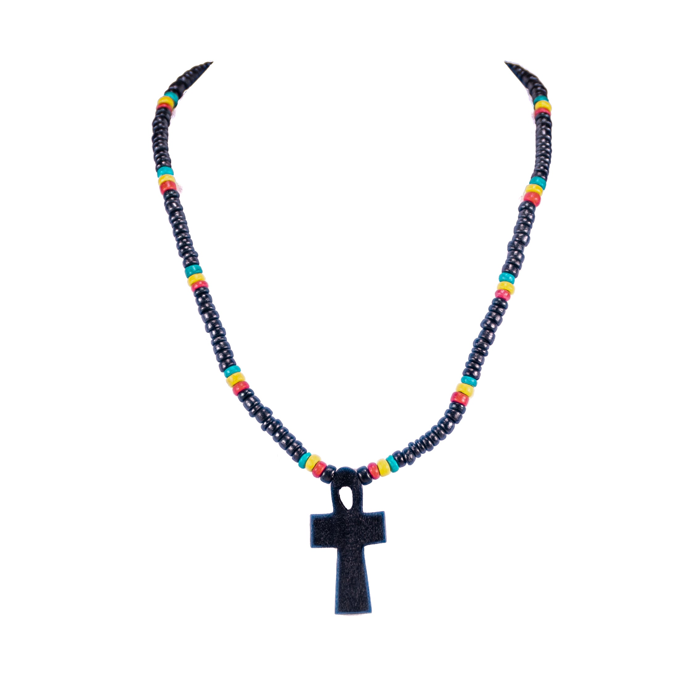 Wood Ankh Cross Pendant on Rasta Coconut Beads Necklace