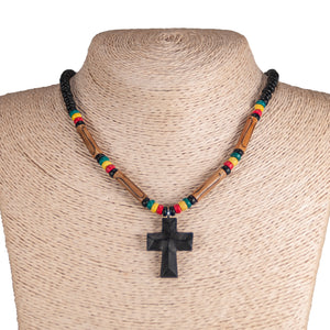 Wood Cross Pendant on Rasta Coconut & Puka  Shell Beads Necklace